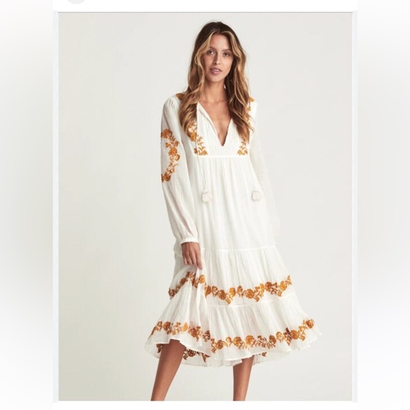 Anthropologie Mo Huan Yi Chu V-Neck Embroidered Boho MIDI Dress Size Large - Picture 2 of 8